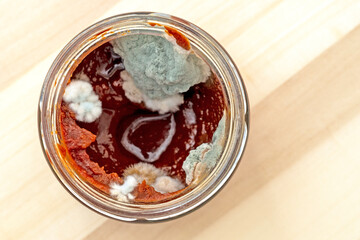 Top view of a can with old moldy tomato paste. food with mold fungus