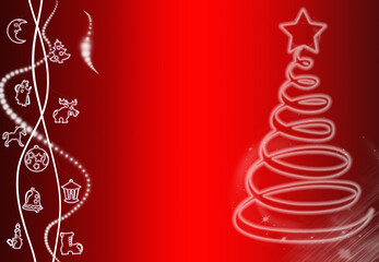 Elegant Christmas card. Christmas red background with abstract white neon Christmas tree and New Year neon white toys.