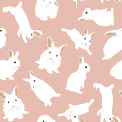Seamless pattern with white rabbits in different poses and with different emotions, fluffy bunnies. Colored pastel illustration stickers isolated on pink background.