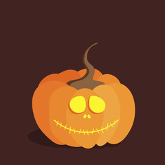An orange Halloween pumpkin with a tail and light-up cut-out eyes, a nose and a sewn-on yellow mouth. Isolated vector picture on a brown background.