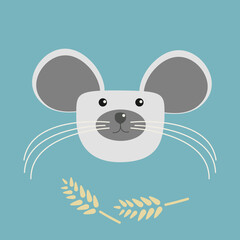 A minimal black and white image of a mouse with big ears and long whiskers with yellow ears of wheat. Vector illustration isolated on a blue background.