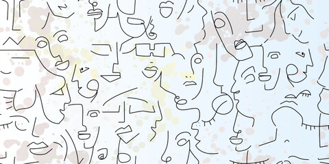 One line drawing. Abstract face seamless pattern.