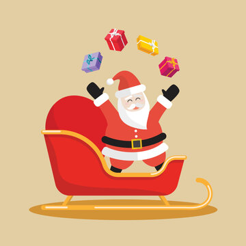 Santa Claus juggling gift boxes on a sleigh