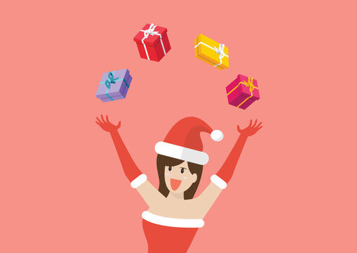 Santa girl juggling gift boxes