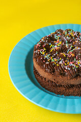 Chocolate Cake in a Blue Plate