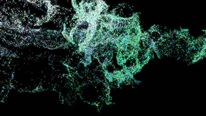 3D rendering of turbulent mass of glowing, colorful particles on black background