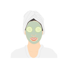 Cosmetic face care, smiling woman with cucumbers on her eyes and applied green mask on her face for good skin condition, vector isolated on white background.