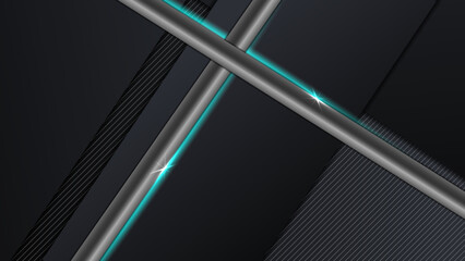 Black background with metal line hexagon texture and shiny light rays. Vector abstract graphic design banner pattern presentation background wallpaper web template.