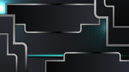 Black background with metal line hexagon texture and shiny light rays. Vector abstract graphic design banner pattern presentation background wallpaper web template.