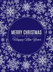 Hello winter. Winter white snowflakes on blue background. Christmas and New year banner.