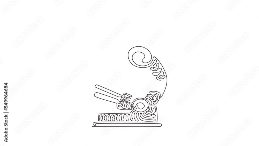 Poster self drawing animation of single line draw microscope icon. virus medical research test. hospital pr