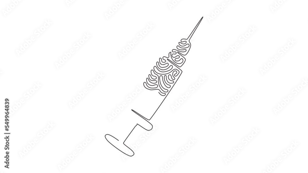 Poster animated self drawing of continuous line draw injection syringe line icon. injection medical logo. v
