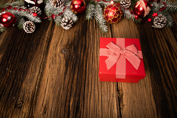 christmas decorations and lights on wooden table