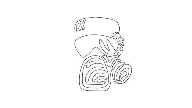 Animated self drawing of continuous line draw mask with glasses and air filters icon. Defense and protection against poisoning by fumes and smoke. Swirl curl style. Full length single line animation