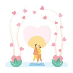 Lover plays ice skating. Man hugs girlfriend. Scene is designed for winter season. Illustration is in flat style.