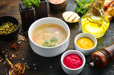 Meat jellies with mustard and beet sauce. Cold snacks. Top view