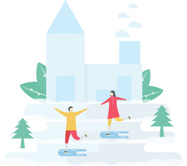 Lover plays ice skating. Scene is designed for winter season. Illustration is in flat style.