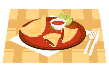 Traditional popular mexican food. Mexican Empanadas whole and broken with stuffing in half on plate with sauce and lime slices. Vector illustration of Latin American national dish in flat style.