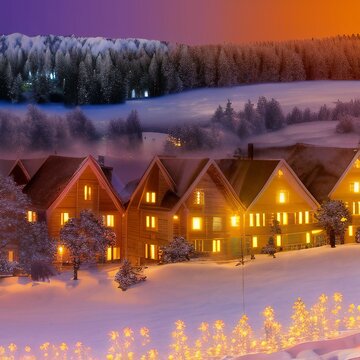 Christmas Winter Panorama with Wooden Houses with Christmas String Lights in Cold Snow Landscape and Glowing Golden Lights in Background