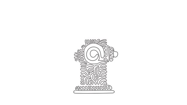 Animated self drawing of continuous line draw closeup of traditional red fire hydrant. Tool used by firefighters for extinguishing flames. Swirl curl style. Full length one line animation illustration