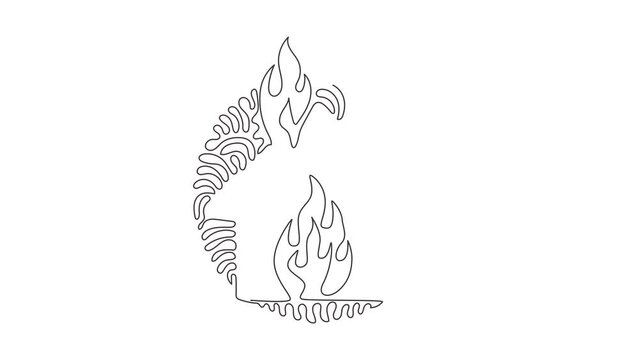 Animated self drawing of continuous line draw fire line icon. House building in flames. Insurance symbol from accident prevention. Swirl curl circle background style. Full length single line animation