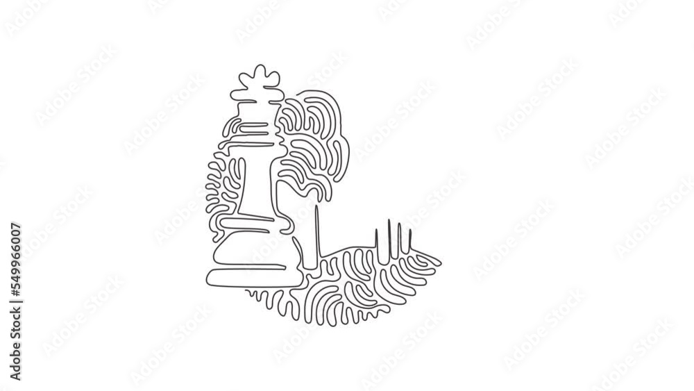 Poster animated self drawing of continuous line draw figures of wooden chess on chessboard. king, queen of 