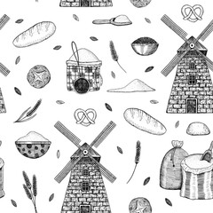 Mill. Seamless pattern with mill, flour, baking. Hand-drawn in the style of engraving. Vintage background with a mill