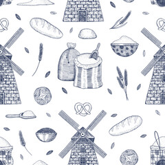 Mill. Seamless pattern with mill, flour, baking. Hand-drawn in the style of engraving. Vintage background with a mill	

