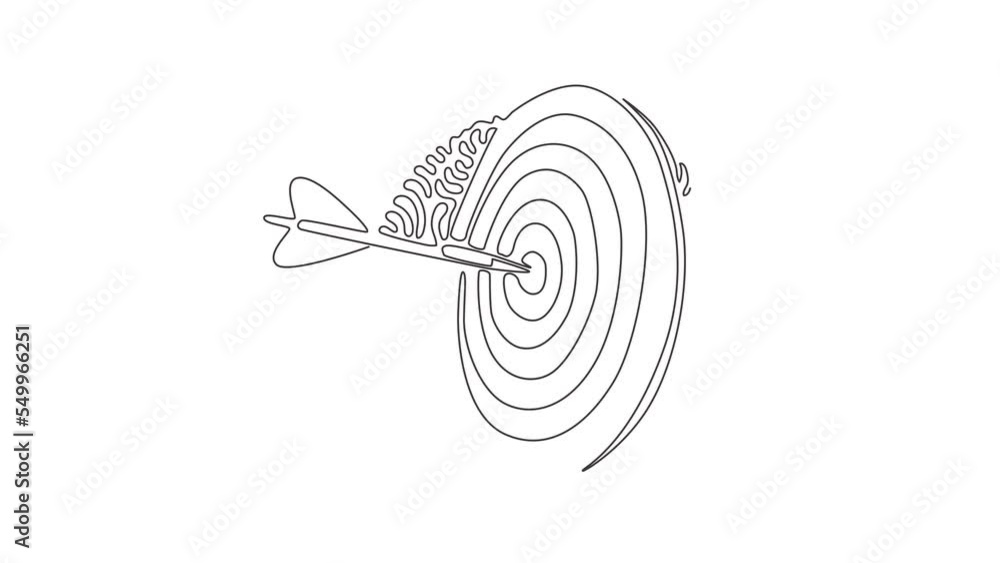 Poster self drawing animation of single line draw darts arrows in target center goal concept. success hitti