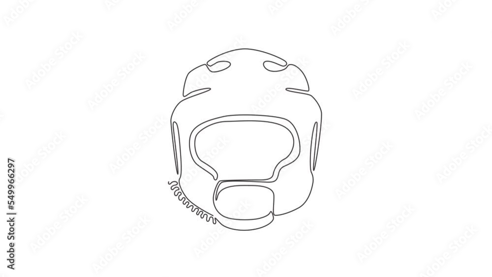 Poster animated self drawing of continuous line draw boxing helmet flat symbol front view. protection white