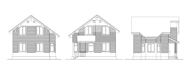 Fototapeta premium Contour architectural detached single-family house facade of the house. White silhouette of a cottage type house. Isolated. illustration project front view side view