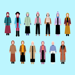 Set Of Hijab Woman Character In Winter Outfit