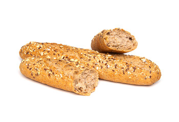 Multigrain bread baguette isolated on white background