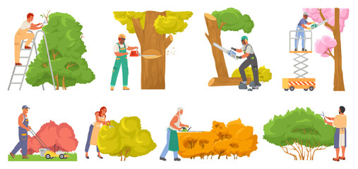 Gardener worker pruning tree plant vector set