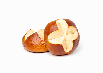 Traditional Bavarian pretzel roll bun isolated on white background