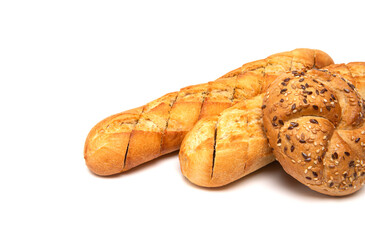 French baguette, kaiser roll bun isolated on a white background