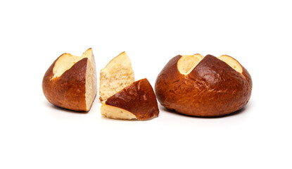 Traditional Bavarian pretzel roll bun isolated on white background