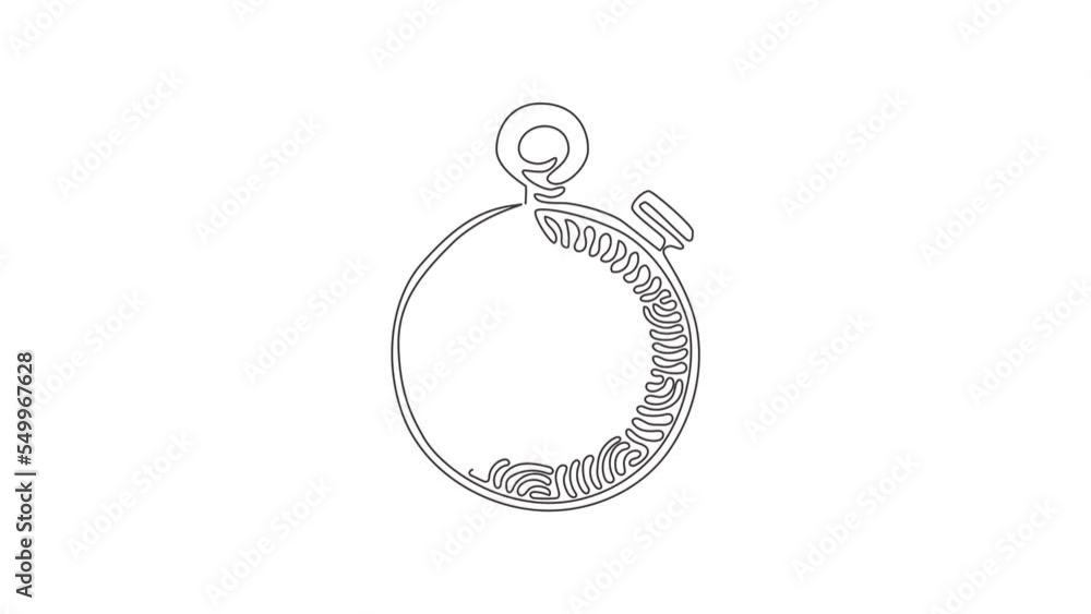 Poster animated self drawing of continuous one line draw stopwatch line and solid icon. timer illustration.