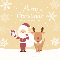 Christmas Illustration of Santa Claus and Reindeer in Snow Field