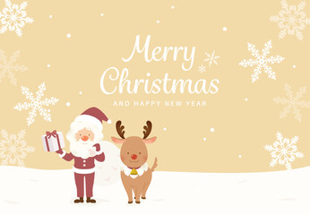 Christmas Illustration of Santa Claus and Reindeer in Snow Field