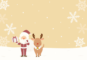 Christmas Illustration of Santa Claus and Reindeer in Snow Field