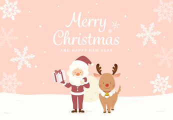 Christmas Illustration of Santa Claus and Reindeer in Snow Field