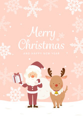 Christmas Illustration of Santa Claus and Reindeer in Snow Field