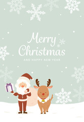 Christmas Illustration of Santa Claus and Reindeer in Snow Field