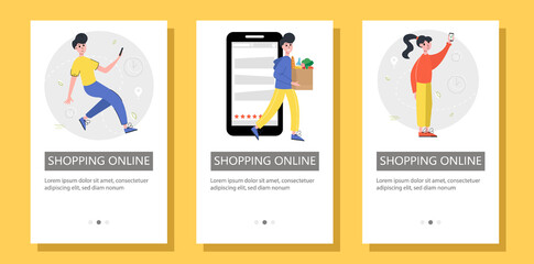 Set of flyers for Online store, Shopping, Ordering, Delivery services. Vector illustration for poster, banner, advertising.