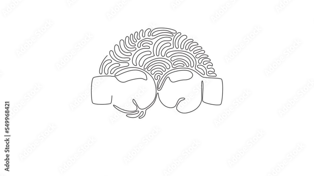 Poster animated self drawing of continuous line draw boxing gloves hitting together. boxing gloves fight. r