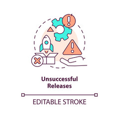 Unsuccessful outputs concept icon. Software delivery. Release management pain point abstract idea thin line illustration. Isolated outline drawing. Editable stroke. Arial, Myriad Pro-Bold fonts used
