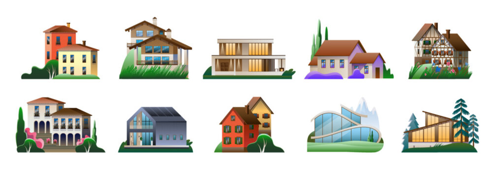 A set of images of village houses in different architectural styles. Vector full-color illustration.