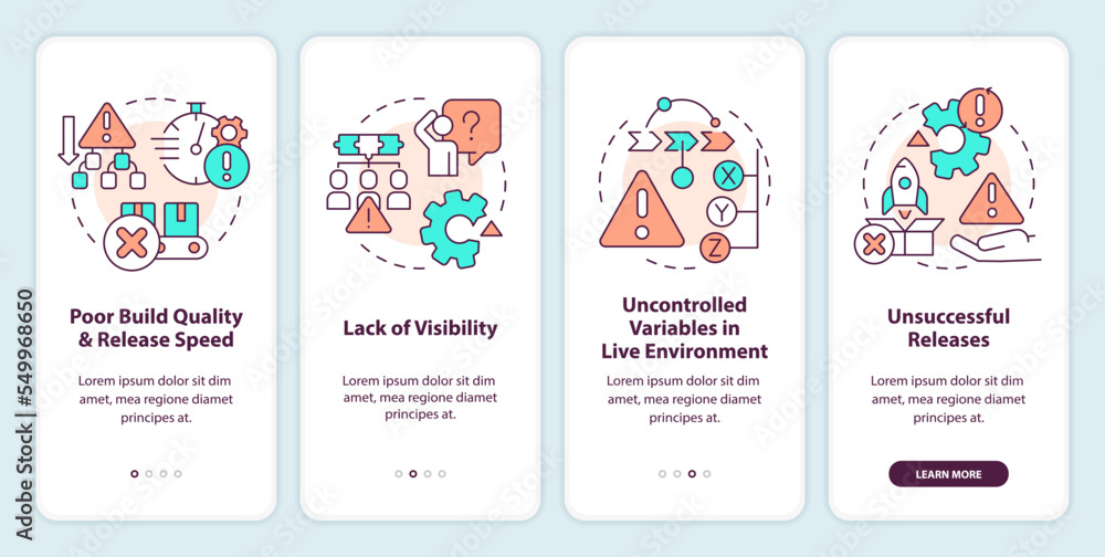 Poster common release management challenges onboarding mobile app screen. walkthrough 4 steps editable grap