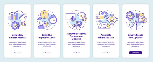 Release management best practices onboarding mobile app screen. Walkthrough 5 steps editable graphic instructions with linear concepts. UI, UX, GUI template. Myriad Pro-Bold, Regular fonts used